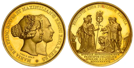 1088023 GERMAN STATES. Bavaria. Ludwig I. (King, 1825-1848). 1842 AV Medal of 12 Ducats Weight. NGC PF64+ Cameo.  By A. F. König, Loos Workshop. 42.5mm. 41.56gm. Conjugate busts, right / Borussia, in martial attire, leads the bride to Maximilian, ...