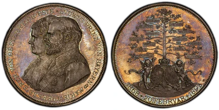 1087628 GERMAN STATES. Bavaria. Luitpold. (Prince Regent, 1886-1912). 1893 AR Medallic 2 Taler. PCGS SP63.  By A. Börsch (Boersch). Edge: GOTT SEGNE BAYERN. 41mm. Conjoined busts, left; signed on truncation / Cherub supporters to either side of cr...