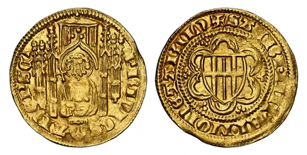 1087700 GERMAN STATES. Cologne. Friedrich III von Saarwerden. (1371-1414) ND AV Goldgulden. NGC MS63.  Riel. 3.51gm. Half-length bust of St. Peter holding a staff with a cross under a Gothic arch; shield of arms of Saarwerden below / Arms of Saarw...