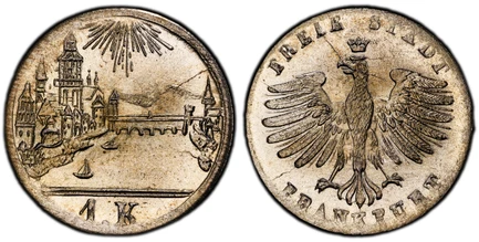 1087423 GERMAN STATES. Frankfurt Am Main. -1839 AR Kreuzer. PCGS MS67.  FREIE STADT FRANKFURT. Eagle with wide spread wings / City scene with denomination below. KM 317.

Please use this link to verify the PCGS certification number <a href="http:/...