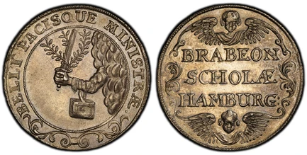 1087554 GERMAN STATES. Hamburg. (c.1639) ND AR Medal. PCGS Genuine - UNC Details Cleaned.  35.9mm. 14.30gm. BELLI PACIS MINISTRAE. Arm emerging from clouds, holding a sword, laurel branches, and a book / BRABEON/ SCHIOLAE/ HAMBURG. Inscription wit...