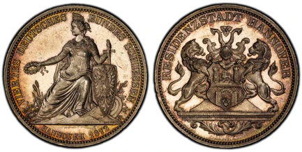 1086670 GERMAN STATES. Hannover. 1872 AR Thaler. PCGS MS65.  16.82gm. Supported helmeted arms / Germania seated holding wreath and sword, shield at right. KM X-1; Steulmann IV.1; Kahnt 246; Jaeger 100IV; Thun 179; Welter 3205; Peltzer 1265; Stutzm...