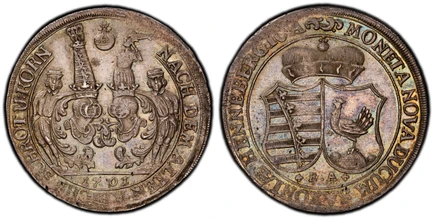 1087557 GERMAN STATES. Henneberg-Ilmenau. Johann Ernst. 1701 *B.A* AR 1/2 Thaler. PCGS MS62.  By Sebastian Altmann (Mintmaster). 14.57gm. An orb above two helmeted coats of arms, flanked by two miner supporters; date in exergue / Crown above two s...