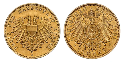 1087420 GERMAN STATES. Lubeck. 1901-A AV 10 Mark. NGC MS66.  Berlin. Edge: ~ * ~. Double imperial eagle with divided shield on breast / Crowned imperial eagle, shield on breast. KM 211; Jaeger 227.

From a reported mintage of just 10,000 pieces.

...