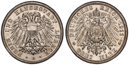 1086909 GERMAN STATES. Lubeck. 1911-A AR 3 Mark. PCGS AU58.  Berlin. Edge: GOTT MIT UNS. Double imperial eagle with divided shield on breast / Crowned imperial eagle, shield on breast. KM 215; Jaeger 82; Dav.-477.

Please use this link to verify t...