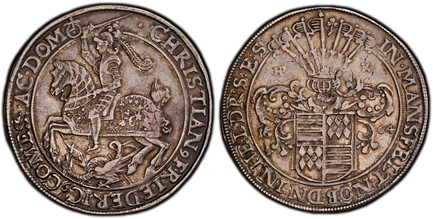 1087807 GERMAN STATES. Mansfeld-Eigentliche-Hinterort. 1664 HPK AR Thaler. PCGS XF45.  Eisleben. 29.02gm. St. George slaying dragon to left / Helmeted arms divide date and mintmaster's initials. KM 222; Dav.-7021; Tornau 1424e.
Housed in an oversi...