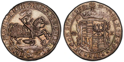 1087805 GERMAN STATES. Mansfeld-Eisleben. 1670 ABK AR 1/3 Thaler, 1/2 Gulden. PCGS XF45.  Eisleben. 9.57gm. St. George on horse right slaying dragon, value 1/3 below / Shield of arms divides date above, ABK below. KM 67; Tornau 494k.

Please use t...