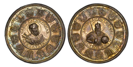 1087808 GERMAN STATES. Osnabruck. Sede Vacante. 1761 AR Medal. PCGS MS63.  Dordrecht. 45mm. 30.44gm. CAPIT.CATHE.OSNAB.// S PETRVS.PATR. Bust of St. Peter with numbered shields of arms around / SEDE VACANTE 1761.// S.CAROL.M.FVN. Crowned bust of C...