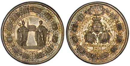 1087809 GERMAN STATES. Paderborn. Sede Vacante. 1761 AR Medal. PCGS MS62.  By J. Thiebaud. 46.6mm. 28.96gm. Saint Liborius with a crosier and Charlemagne with a sword together holding a model of the cathedral, surrounded by the coats of arms of 12...