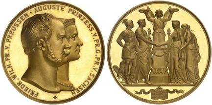 1088020 GERMAN STATES. Prussia. Friedrich Wilhelm IV. (King, 1840-1861). 1854 AV Medal of 25 Ducats Weight. NGC MS65DPL (Deep Prooflike).  By F. W. Kullrich (31
based on a design by E. Daege). 51mm. 86.97gm. FRIEDR . WILH . PR . V . PREUSSEN • AUG...