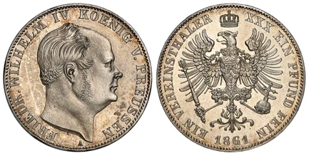 1087985 GERMAN STATES. Prussia. Wilhelm I. 1861-A AR Thaler. NGC PR66.  Berlin. Edge: GOTT MIT UNS. WILHELM KOENIG VON PREUSSEN. Head right / EIN VEREINSTHALER XXX EIN PFUND FEIN. Crowned eagle with scepter and orb. KM 489; Dav.-780.

Small head. ...