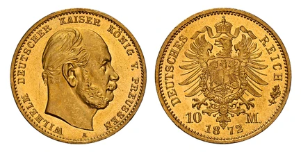 1084420 GERMAN STATES. Prussia. Wilhelm I. (Emperor, 1871-1888). 1872-A AV 10 Mark. NGC MS67.  Berlin. WILHELM DEUTSCHER KAISER KONIG V. PREUSSEN. Head right / DEUTSCHES REICH. Crowned imperial eagle. KM 502; Jaeger 242.

Please use this link to v...
