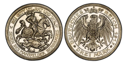 1086675 GERMAN STATES. Prussia. Wilhelm II. (Kaiser, 1888-1918). 1915-A AR 3 Mark. PCGS PR64 Cameo.  Berlin. Edge: GOTT MIT UNS. St. George slaying the dragon / Crowned imperial eagle with shield on breast. KM 539; Jaeger 115; Dav.-486; Müseler 49...