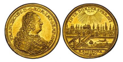 1088028 GERMAN STATES. Regensburg. (1745-65)-B I. L. OE. (Johann Leohard Oexlein, Mintmaster) AV 2 Ducats. PCGS AU58.  By Johann Christoph Busch (Obv.) and Christoph Daniel Oexlein (attributed Rev.). 6.92gm. City view, RATISBONA in exergue / FRANC...