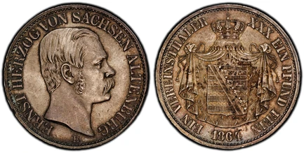 1087816 GERMAN STATES. Saxe-Altenburg. Ernst I. 1864 B AR Thaler. PCGS MS64.  Dresden. Edge: * GOTT * SEGNE * SACHSEN *. 18.52gm. ERNST HERZOG VON SACHSEN ALTENBURG. Head right / EIN VEREINSTHALER III EIN PFUND FEIN. Arms within crowned mantle. KM...
