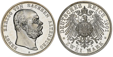 1088032 GERMAN STATES. Saxe-Altenburg. Ernst I. 1901-A A AR 2 Mark. NGC PF65UCAM (Ultra Cameo).  Berlin. Edge: Reeded. Head right / Crowned imperial eagle with shield on breast. KM 36. Proof; Jaeger 142.

To commemorate Ernst's 75th birthday. Curr...