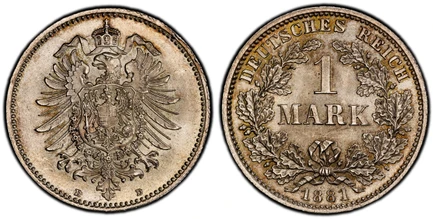 1087630 GERMANY - EMPIRE. Wilhelm I. 1881-D AR Mark. PCGS MS66.  Munich. Denomination within wreath / Crowned imperial eagle. KM 7; Jaeger 9.

Please use this link to verify the PCGS certification number <a href="http://www.pcgs.com/cert/54915682/...