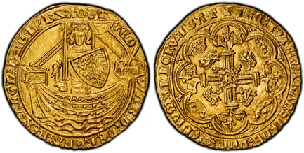 1087568 GREAT BRITAIN. England. Edward III. (King, 1327-77). (1361-69)-(Cross Potent) AV Noble. PCGS MS62.  Tower (London) mint. 7.67gm. (annulet) ЄDWΛRD: DЄI: GRΛ: RЄX: ΛnGL': DnS: hyB' x Z (retrograde) x ΛQT' (double saltire stops). King standin...