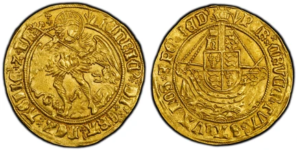 1088175 GREAT BRITAIN. England. Henry VII. (King, 1485-1509). (1505-1509)-(Pheon ) AV Angel. PCGS MS63.  London (Tower) mint. 5.09gm. ҺЄnRIC' : DI' : GRΛ' : RЄX : ΛGLIЄ' : Z : FRΛ'. Archangel Michael slaying dragon to lower right, spear topped by ...