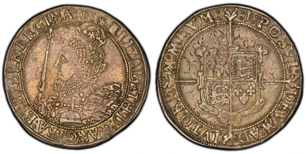 1087644 GREAT BRITAIN. England. Elizabeth I. (Queen, 1533-1603). (1601-02)-(1) AR Crown. PCGS XF45.  Tower (London) mint. 42mm. 29.88gm. Crowned and draped bust left, wearing ruff, holding lis-tipped scepter and globus cruciger / Shield of arms ov...