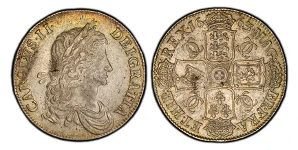 1087788 GREAT BRITAIN. England. Charles II. (King, 1660-1685). 1663 AR Crown. PCGS AU55.  London mint. Edge: XV. 29.54gm. Draped laureate bust, right / Upper and lower shields of arms not quartered. KM 417.5; SCBC-3354; Dav.-3774B.
Includes origin...