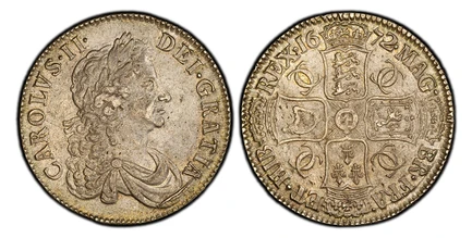 1087789 GREAT BRITAIN. England. Charles II. (King, 1660-1685). 1672 AR Crown. PCGS AU58.  Edge: VICESIMO QVARTO. 29.87gm. CAROLVS·II· DEI·GRATIA. Third bust (larger and wider) of Charles II right / MAG· BR·FRA· ET·HIB REX·16 – 72·. Crowned crucifo...
