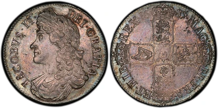 1088177 GREAT BRITAIN. England. James II. (King, 1685-1688). 1687 AR Crown. PCGS MS63.  London. Edge: TERTIO. Laureate, draped bust, left / Crowned cruciform arms, garter-star at center. KM 463; SCBC-3407; Dav.-3779.

Please use this link to verif...