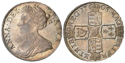 1087911 GREAT BRITAIN. Anne. (Queen, 1702-1714). 1708 AR Crown. NGC AU58.  Edge: SEPTIMO. ANNA · DEI · - GRATIA ·. Without E below bust / MAG - BRI FR - ET · HIB - REG ·. English and Scottish shield halved. KM 526.2; SCBC-3601; ESC-105; Dav.-1342A...
