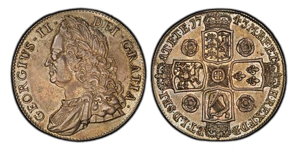 1087649 GREAT BRITAIN. George II. (King, 1727-1760). 1743 AR Crown. PCGS AU50.  Edge: SEPTIMO. GEORGIUS · II · - DEI · GRATIA ·. Older bust left / F · D · B · - ET · L · D · S · R · I · - A · T · ET · E · - M · B · F · ET - H · REX ·. Roses in ang...