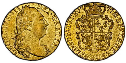 1087365 GREAT BRITAIN. George III. 1777 AV Guinea. PCGS AU53.  Tower (London) mint. GEORGIVS · III - DEI · GRATIA ·. Fourth laureate head, right / F · D · B · ET · L · D · S · R · I · A · T · ET · E · - M · B · F · ET · H · REX ·. Crowned 4-fold a...