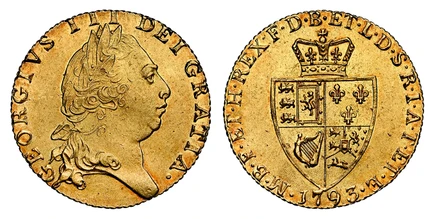 1087366 GREAT BRITAIN. George III. (King, 1769-1820). 1793 AV Guinea. NGC AU58.  GEORGIVS III DEI GRATIA ·. Laureate head right / F · D · B · ET · L · D · S · R · I · A · T · ET · E · - M · B · F · ET · H · REX ·. Crowned 4-fold spade arms. KM 609...