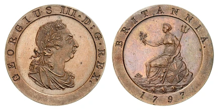 1087571 GREAT BRITAIN. George III. (King, 1760-1820). 1797 Bronzed CU Restrike Pattern Farthing. NGC PF65BN (Brown).  By W.J. Taylor after C.H. Küchler. Soho. Laureate draped bust, right / Britannia seated holding a raised branch to left, and a tr...