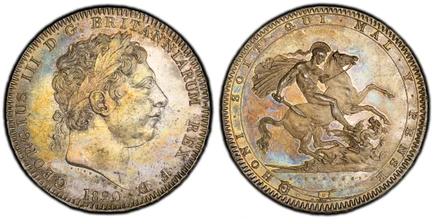 1088191 GREAT BRITAIN. George III. (King, 1760-1820). 1820 AR Crown. PCGS MS65.  Edge: LX. GEORGIUS III D: G: BRITANNIARUM REX F: D:. Laureate head right / HONI SOIT QUI MAL .Y PENSE. St. George slaying dragon right. KM 675; SCBC-3787; ESC-2016 (P...