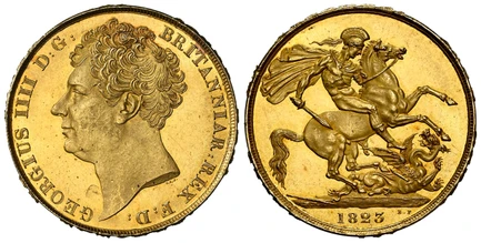 1087947 GREAT BRITAIN. George IV. (King, 1820-1830). 1823 AV Two Pounds. NGC MS64.  GEORGIUS IIII D:G: BRITANNIAR: REX F:D:. Head left / St. George slaying the dragon. KM 690; SCBC-3798; Fr.-375; Hill T6.

Please use this link to verify the NGC ce...