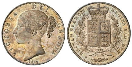 1087914 GREAT BRITAIN. Victoria. (Queen, 1837-1901). 1844 AR Crown. NGC AU58.  Edge: VIII cinquefoil stops. VICTORIA DEI GRATIA. Head left / BRITANNIARUM REGIBA FID: DEF:. Crowned arms within branches, intertwined rose, thistle and shamrock below....