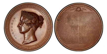 1087219 GREAT BRITAIN. Victoria. (Queen, 1837-1901). 1849 Bronze Medal. PCGS SP63.  By L.C. Laves. 95mm. Crowned portrait facing left w/ VICTORIA within inner legend. Two concentric lines of text in outer legend bearing names of titled members / M...