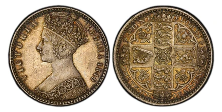 1087654 GREAT BRITAIN. Victoria. (Queen, 1837-1901). 1849 AR "Godless" Florin, Two Shillings. PCGS MS63.  Edge: Milled. VICTORIA REGINA. Crowned bust left, with W.W. behind bust within linear circle / Crowned shields of England, Scotland and Irela...