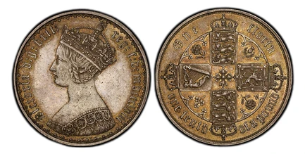 1087655 GREAT BRITAIN. Victoria. (Queen, 1837-1901). 1858 AR Gothic Florin, Two Shillings. PCGS MS63.  BRIT... Without die number / Crowned shields of England, Scotland and Ireland in cross formation with flowers at corners. KM 746.1; SCBC-3891; E...