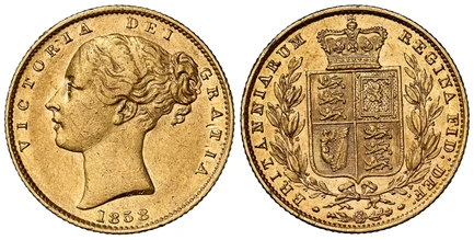 1087933 GREAT BRITAIN. Victoria. (Queen, 1837-1901). 1858 AV Sovereign. NGC AU58.  VICTORIA DEI GRATIA. Head left / BRITANNIARUM REGINA FID: DEF:. Without die number. KM 736.1; SCBC-3852C; Fr.-387; Marsh 41.
Ex Douro Shipwreck Treasure. Includes L...