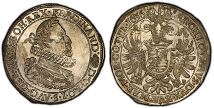 1087709 HUNGARY. 1636-KB AR Thaler. PCGS MS63.  Kremnitz. Laureate armored bust of Ferdinand II to right breaks top of inner circle / Crowned Imperial eagle wigh shield over breat. KM 75 (KM 106.1); Dav.-3129 (Dav.-A3132); Huszar-1179;  Herinek 57...