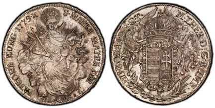 1087798 HUNGARY. Maria Theresia. 1779-B ·X· SK-PD AR Thaler. PCGS MS63.  Kremnitz. 28.00gm. M · THER · D · G · R · IMP · - HU · BO · R · A · A · D · B · C · T ·. Angels holding crown above arms / S · MARIA MATER DEI... Radiant Madonna and child. K...