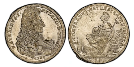 1087149 ITALIAN STATES. Modena. Rinaldo I. (Duke, 1706-1737). 1731 AR 1/2 Ducato (80 Soldi). PCGS MS63.  Bust, right; date below truncation / St. Contardo, the pilgrim, seated at right facing left; spire and domed roofs in the background at lower ...