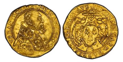 1088026 ITALIAN STATES. Papal States-Avignon. Urban VIII. (Pontiff, 1623-1644). 1640 AV Quadrupla (4 Écu d'Or). PCGS MS62.  13.21gm. Different shield on bust, right in ecclesiastical vestments, coat of arms (Federico Sforza) below / Galero and tas...