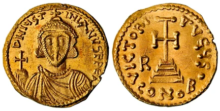 1088098 ITALY. LOMBARDY. Beneventum. Romoald II (706-731 AD), in the name of Justinian II. (Emperor, second reign, 705-711 AD). Struck 706 AD AV Solidus. NGC MS63.  Constantinople. 4.20gm. DNIЦST INIANVSPPEA. Crowned and draped bust of Justinian I...