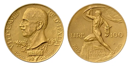 1087450 ITALY. Vittorio Emanuele III. 1925-R AV 100 Lire. NGC PR62 Matte.  By Angelo Mistruzzi. Rome. Head left above oak sprigs / Heroic male figure kneeling on large rock holding flag and small Victory. KM 66. Matte finish; Pagani 645; Friedberg...