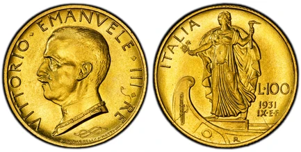 1086070 ITALY. Vittorio Emanuele III. 1931-R AV 100 Lire. PCGS MS65.  Rome. 8.82gm. Head left / Female on prow. KM 72. Yr. IX; Bolzano R71; Gigante 9; Montnegro 20; Pagani 646.

Please use this link to verify the PCGS certification number <a href=...