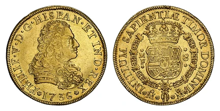 1087295 MEXICO. Philip V. 1736-Mo MF AV 8 Escudos. NGC AU58.  Mexico City. 27.07gm. PHILIP · V · D · G · HISPAN · ET  IND · REX. Large, armored bust right / INITIUM SAPIENTIAE TIMOR DOMINI. Crowned shield flanked by M F 8 in order chain. KM 148; F...