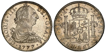 1087389 MEXICO. Charles III. 1777-Mo FM AR 8 Reales. NGC MS61.  Mexico City. CAROLUS · III · DEI · GRATIA ·. Armored bust of Charles III, right / · HISPAN · ET IND · REX · ... Crowned shield flanked by pillars with banner, normal initials and mint...