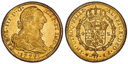 1086894 MEXICO. Charles III. 1779-Mo FF AV 4 Escudos. PCGS AU53.  Mexico City. 13.46gm. CAROL · III · D · G · ... Large, armored bust right / IN · UTROQ · FELIX · AUSPICE · DEO. Crowned shield flanked by 4 S in order chain, initials and mint mark ...