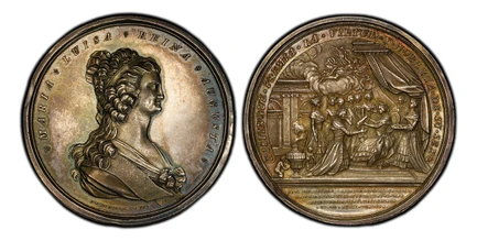1087621 MEXICO. Maria Luisa of Parma. (Queen, 1788-1808). 1793 AR Medal. PCGS MS62.  By Geroni Antonio Gil. 55.8mm. Bust, right; signed below truncation / Victory amongst the clouds blows a trumpet and holds a laurel while flying to right above a ...